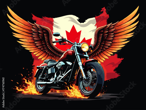 Vector design with drawing
biker fire motorcycle with torn national Canada flag, 
wings on black background.  Fashion t-shirt print for fabric, paper, men clothing, hoodie, biker jacket. 