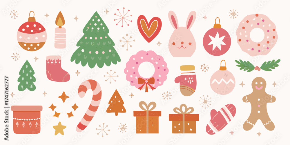 Fototapeta premium Whimsical christmas elements collection with festive ornaments trees gifts and decorations