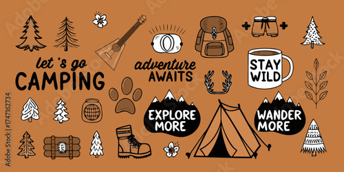 Hand drawn camping adventure elements with inspirational text for outdoor enthusiasts