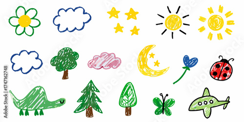 Collection of hand drawn children s drawings of nature elements animals and objects