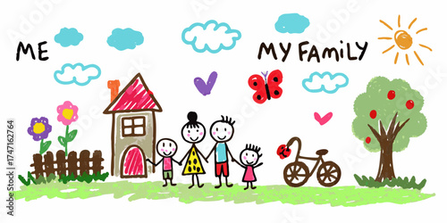 Charming childlike drawing of a happy family with a house tree and bicycle
