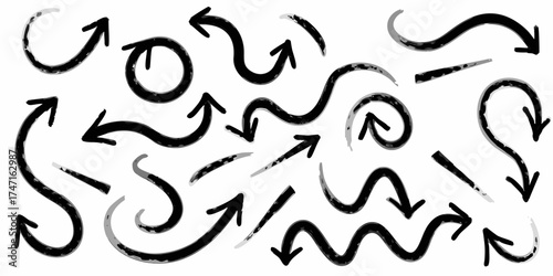 Collection of hand drawn black arrows and directional symbols with a brush stroke texture on a white background