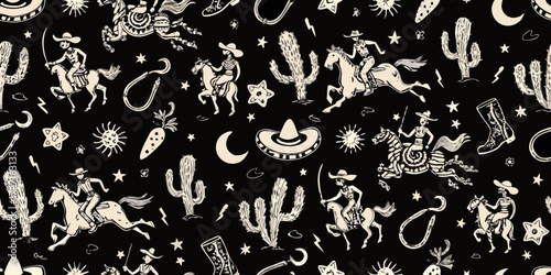 Whimsical western pattern featuring cowboys on horses cacti sombreros and stars on black background