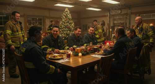 Firefighters Sharing Christmas Dinner at the Station