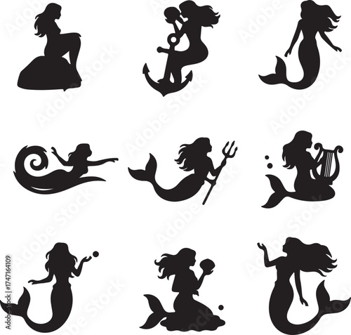 Mermaid silhouettes in various poses actions Keywords: mermaid, silhouette, mythical