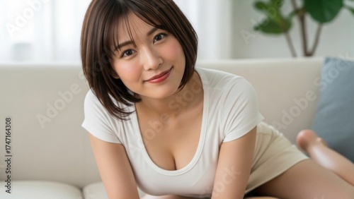 Free Download リビングのソファに寝転がり、こちらを見て微笑む若い女性 - GFXLoad