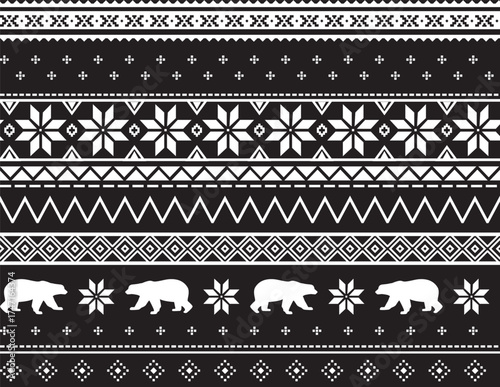 Seamless fairisle sweater knit pattern. Repeating zigzag striped vector print with a bear and snowflake design on a black background. Apparel textile pattern.