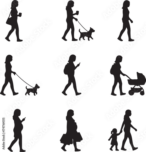 Woman walking with dog stroller phone silhouettes Keywords: silhouette, woman, walking, dog