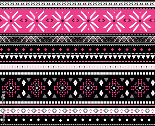 Seamless ethnic geometric pattern. Repeating horizontal vector print with a pink and white design on a black background. Apparel textile pattern.