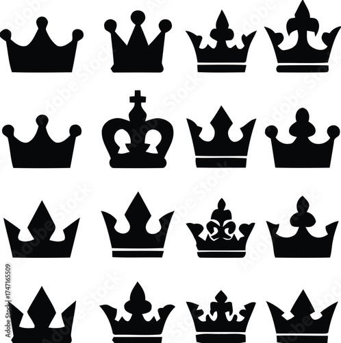 crown, royal, king, queen, symbol, icon, silhouette, black, set, collection, graphic, illustration, design element, royalty, monarchy, power, authority, leadership, crest, emblem, regal, vintage, clas