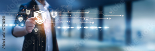 Businessman hand hold biometric security, fingerprint recognition, facial authentication, iris scanning, voice recognition, identity management, secure access, AI-powered verification, cyber defense