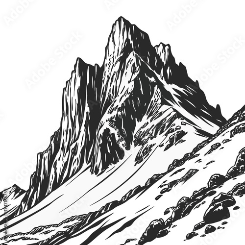 Black and white illustration of a jagged mountain crest