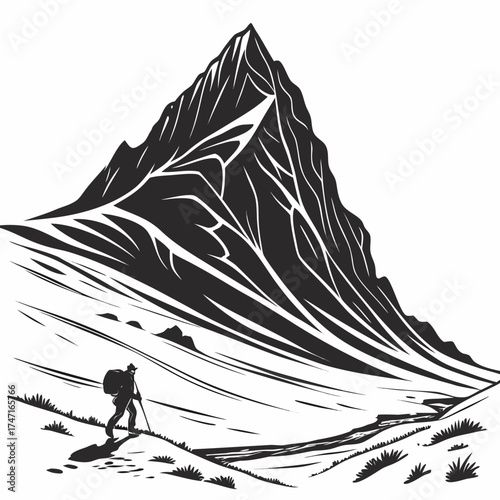 Black and white illustration of a lone hiker approaching a dramatic mountain peak