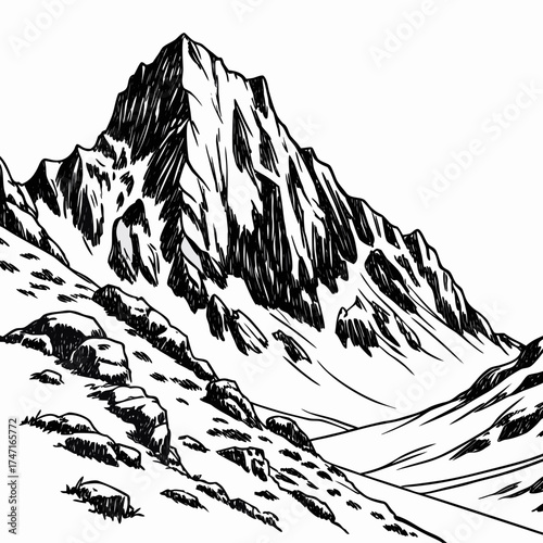 Black and white illustration of a rocky mountain crest