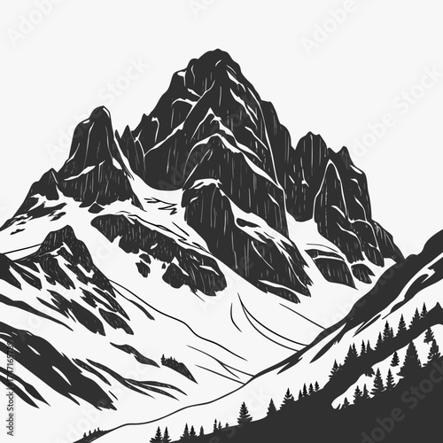 Black and white illustration of a rocky mountain range
