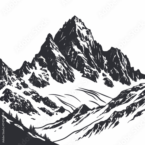 Black and white mountain range silhouette with snow
