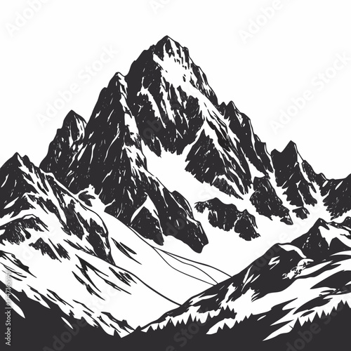 Black and white mountain range silhouette with snow 1