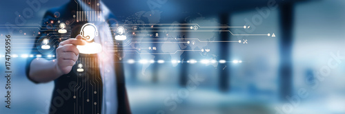 Fotografia Businessman hand hold customer support, service desk, help center, IT assistance, complaint resolution, live agents, support automation, multi-channel service, problem solving, client success