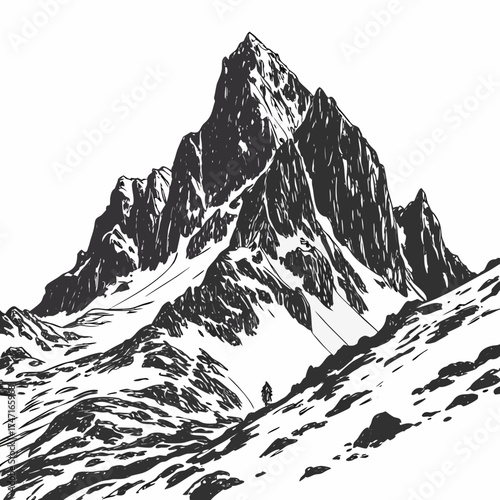 Black and white mountain range with snow and lone figure