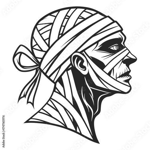 Black and white mummy head profile silhouette bandages