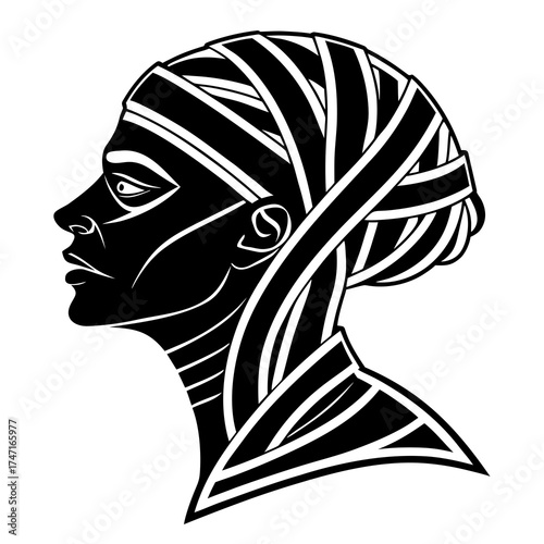 Black and white mummy head profile graphic silhouette