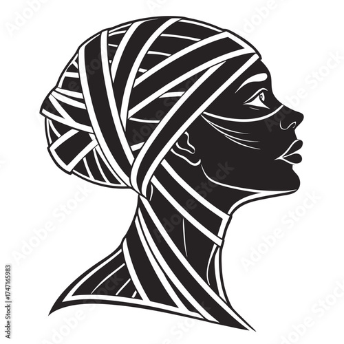 Black and white mummy head silhouette with bandages
