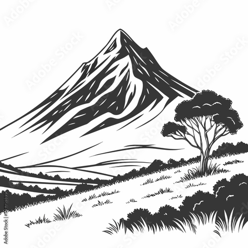 Black and white of a volcanic mountain landscape volcano