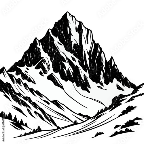 Black and white silhouette of a rugged mountain peak