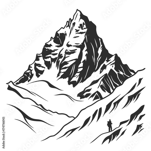 Black and white sketch of a lone hiker on a mountain peak