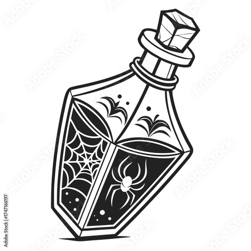 Black and white spooky potion bottle with spider and web
