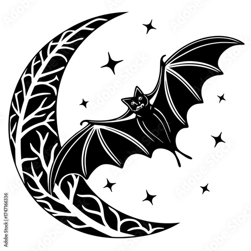 Black bat flying near crescent moon and stars art night