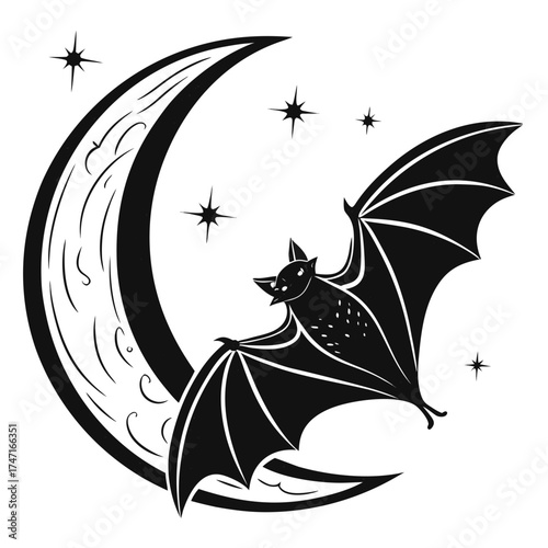 Black bat flying near crescent moon and stars night