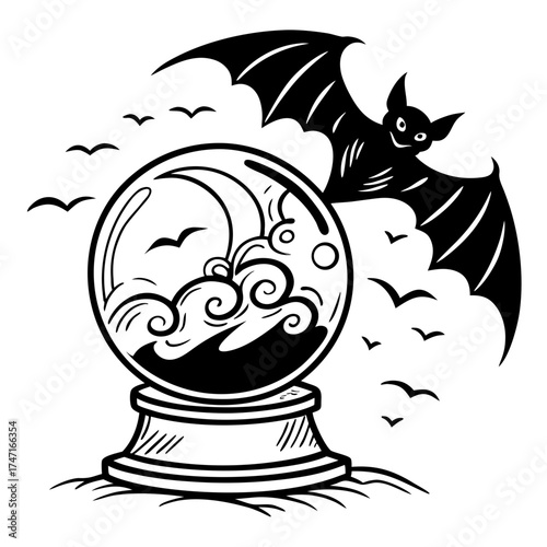 Black bat hovering over crystal ball with swirling clouds