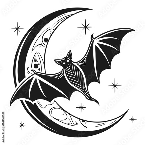 Black bat flying on crescent moon with stars art night