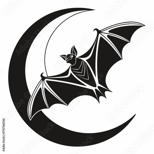 Black bat silhouette on crescent moon vector