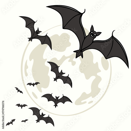 Black bats flying around a pale full moon vector