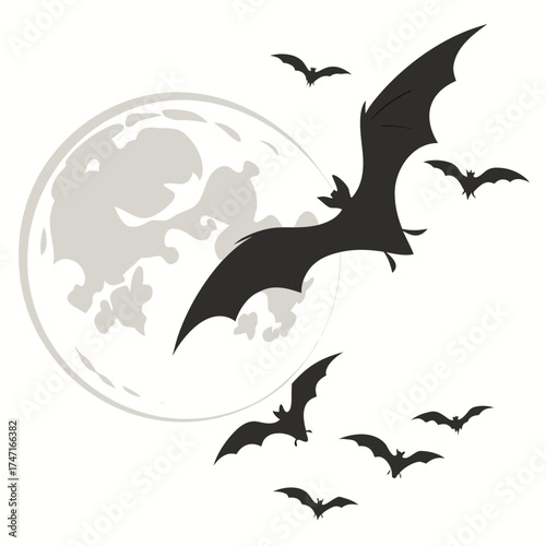 Black bats flying around a pale moon graphic full moon