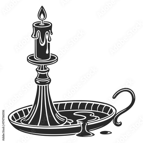 Black candle with dripping wax in ornate holder flame
