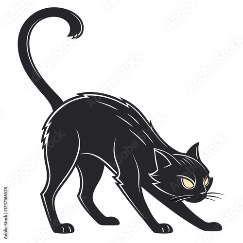 Black cat arched back with glowing yellow eyes animal