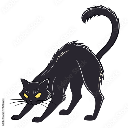Black cat arched back with glowing yellow eyes glowing eyes