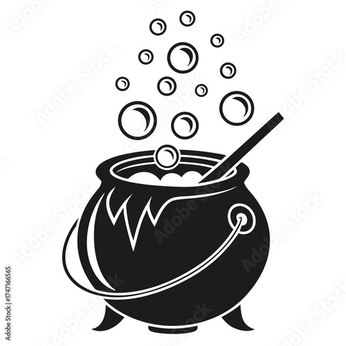 Black cauldron with bubbling potion and stirring stick