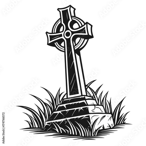 Black Celtic cross gravestone in grass symbol tombstone