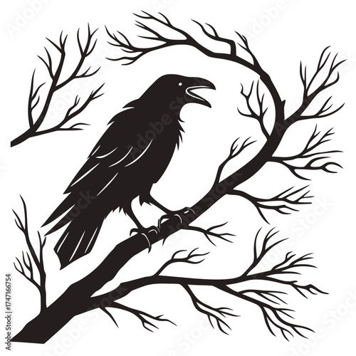Black crow silhouette perched on bare tree branches