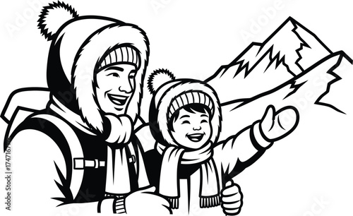 Winter adventure with family mountain trip vector design