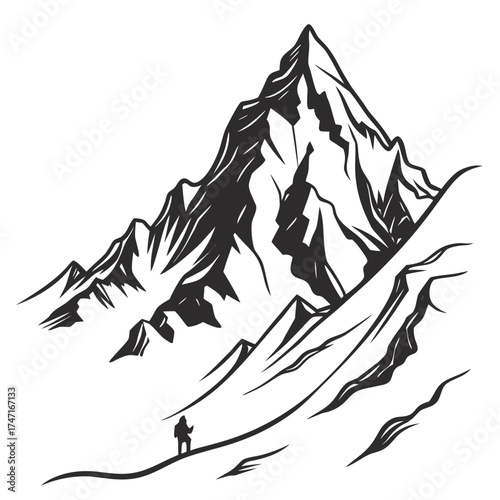 Black mountain range outline with single hiker silhouette
