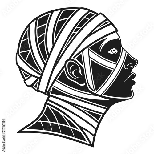 Black mummy head with white bandages silhouette