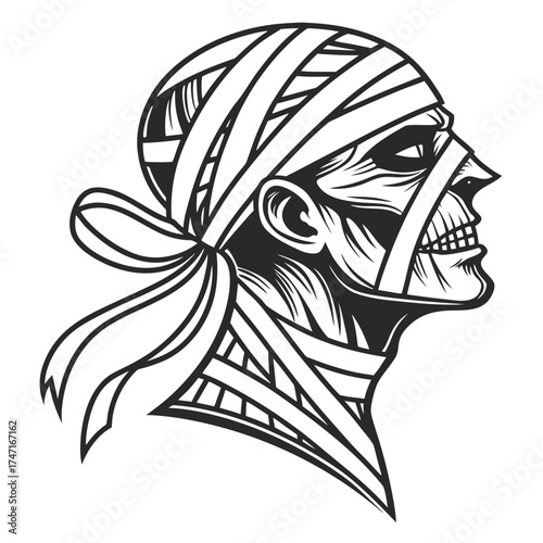 Black mummy head with wrapped bandages silhouette