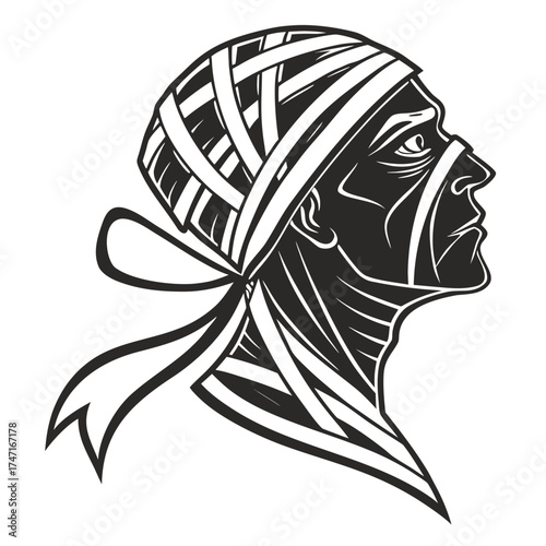 Black mummy head silhouette with white bandages and bow