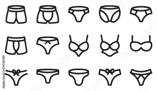 Collection of undergarment icons – vector illustration of modern lingerie and men’s briefs for apparel branding and textile design
