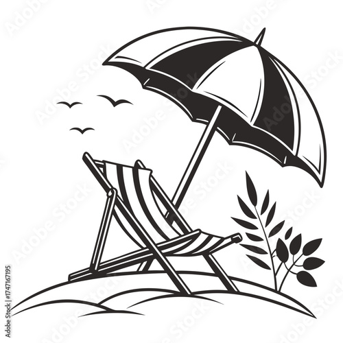 Black outline beach chair and umbrella on sand with birds and plant